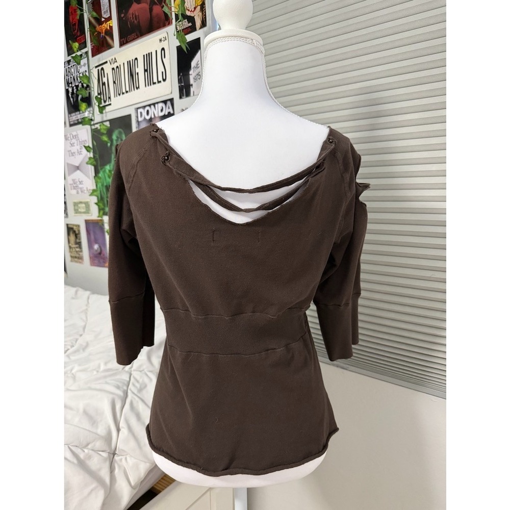 Y2K Rang Brown Top Womens XL Raw Hem Layered Look 3/4 Sleeve Stretch Grunge - Picture 3 of 6